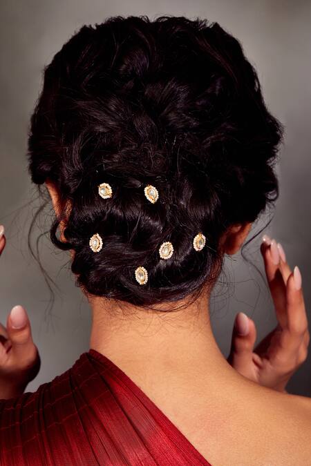 Paisley Pop_Gold Plated Kundan Pearl Braid Pins Set _Online_at_Aza_Fashions