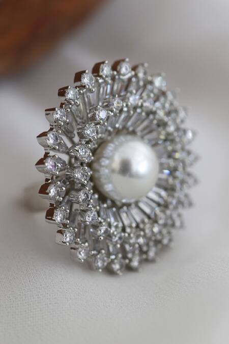 Paisley Pop_Silver Plated Cubic Zirconia And Shell Pearls Ring_Online_at_Aza_Fashions