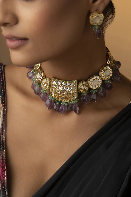 Buy_Paisley Pop_Gold Plated Kundan Embellished Necklace Jewellery Set_Online_at_Aza_Fashions