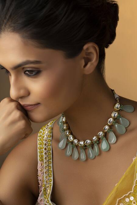 Paisley Pop_Gold Plated Stone Mint Kundan Embellished Choker Necklace  _Online_at_Aza_Fashions