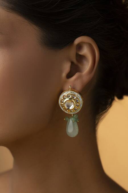Paisley Pop_Green Polki Menakari Studs Danglers And Drops Earrings _Online_at_Aza_Fashions