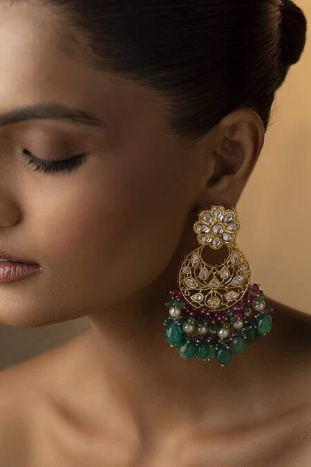 Paisley Pop_Multi Color Stone Green Polki Embellished Chandbali Earrings _Online_at_Aza_Fashions