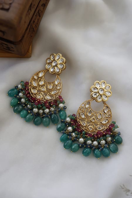 Buy_Paisley Pop_Multi Color Stone Green Polki Embellished Chandbali Earrings _Online_at_Aza_Fashions