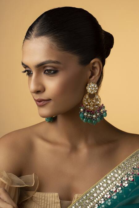 Shop_Paisley Pop_Multi Color Stone Green Polki Embellished Chandbali Earrings _Online_at_Aza_Fashions