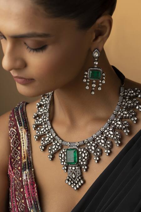 Paisley Pop Silver Plated Stone Victorian Polki Necklace Set Online at Aza Fashions Paisley Pop_Silver Plated Stone Victorian Polki Necklace Set _Online_at_Aza_Fashions