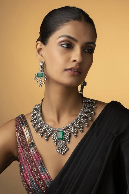 Buy Paisley Pop Silver Plated Stone Victorian Polki Necklace Set Online at Aza Fashions Buy_Paisley Pop_Silver Plated Stone Victorian Polki Necklace Set _Online_at_Aza_Fashions