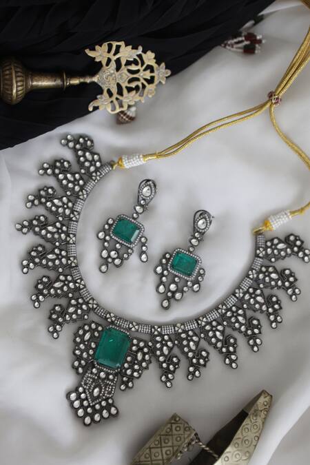 Shop Paisley Pop Silver Plated Stone Victorian Polki Necklace Set Online at Aza Fashions Shop_Paisley Pop_Silver Plated Stone Victorian Polki Necklace Set _Online_at_Aza_Fashions