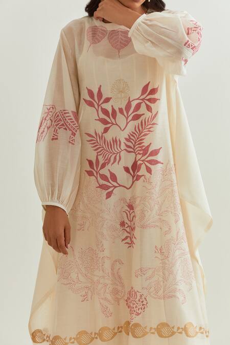 Prama By Pratima Pandey_Ivory Chanderi Embroidery Round Neck Hand Block Print Dress With Inner _Online_at_Aza_Fashions