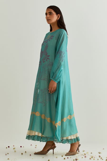 Buy_Prama By Pratima Pandey_Green Chanderi Embroidery Round Neck Dress With Inner _Online_at_Aza_Fashions