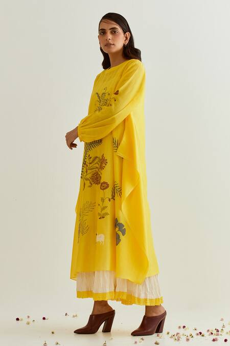 Buy_Prama By Pratima Pandey_Yellow Chanderi Round Neck Hand Block Print Dress With Inner _Online_at_Aza_Fashions