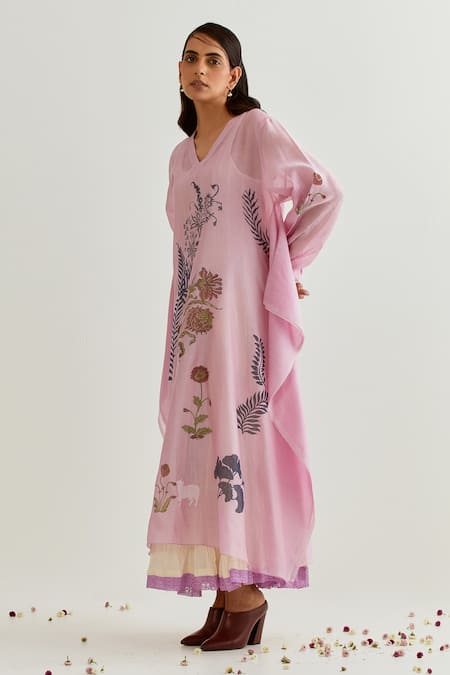 Buy Prama By Pratima Pandey Purple Chanderi Embroidery V-neck Block Print Dress With Inner Online at Aza Fashions Buy_Prama By Pratima Pandey_Purple Chanderi Embroidery V-neck Block Print Dress With Inner _Online_at_Aza_Fashions