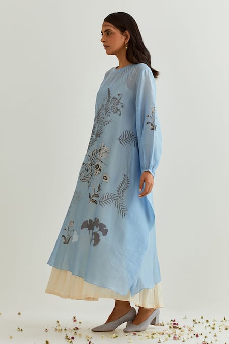 Buy Prama By Pratima Pandey Blue Chanderi Embroidery Round Neck Floral Print Dress With Inner Online at Aza Fashions Buy_Prama By Pratima Pandey_Blue Chanderi Embroidery Round Neck Floral Print Dress With Inner _Online_at_Aza_Fashions