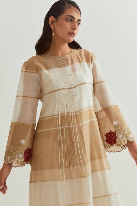 Prama By Pratima Pandey_Beige Chanderi Embroidered Floral Round Dress With Inner  _Online_at_Aza_Fashions