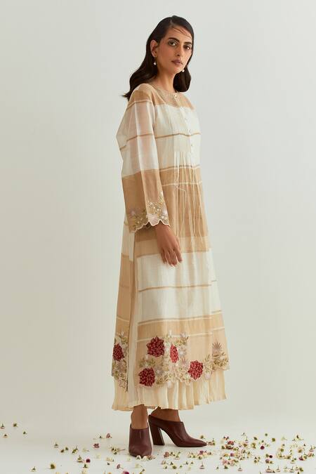 Buy_Prama By Pratima Pandey_Beige Chanderi Embroidered Floral Round Dress With Inner  _Online_at_Aza_Fashions