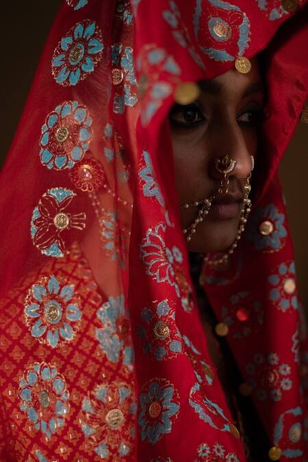 Buy_Pooja Rajgarhia Gupta_Fuchsia Organza, Silk Mirrors, Sequins, Fabric Red Ombre Bridal Lehenga Set _Online_at_Aza_Fashions
