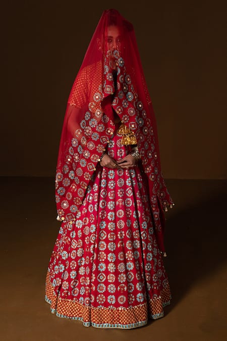 Shop_Pooja Rajgarhia Gupta_Fuchsia Organza, Silk Mirrors, Sequins, Fabric Red Ombre Bridal Lehenga Set _Online_at_Aza_Fashions