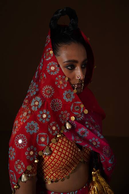 Buy_Pooja Rajgarhia Gupta_Fuchsia Organza, Silk Mirrors, Sequins, Fabric Red Ombre Bridal Lehenga Set 