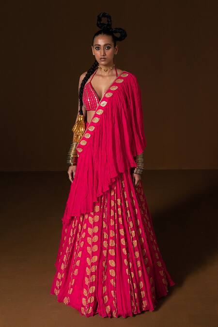 Buy_Pooja Rajgarhia Gupta_Fuchsia Chiffon Sequins, Cut Work Plunge Neck Javitri Leaf Print Lehenga Set _Online_at_Aza_Fashions