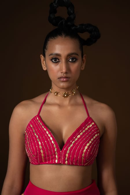 Shop_Pooja Rajgarhia Gupta_Fuchsia Chiffon Sequins, Cut Work Plunge Neck Javitri Leaf Print Lehenga Set _Online_at_Aza_Fashions