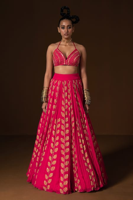 Pooja Rajgarhia Gupta_Fuchsia Chiffon Sequins, Cut Work Plunge Neck Javitri Leaf Print Lehenga Set _at_Aza_Fashions