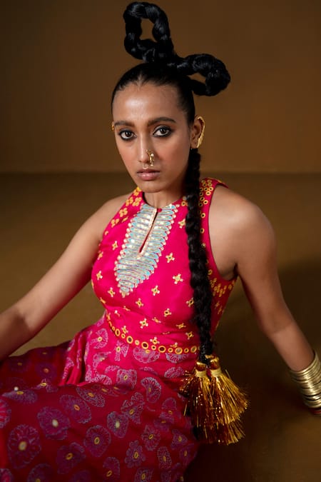 Pooja Rajgarhia Gupta_Fuchsia Silk Embroidery, Sequins Keyhole Neck Aalta Flower Print Jumpsuit _Online_at_Aza_Fashions