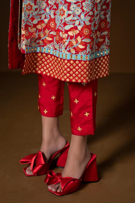 Pooja Rajgarhia Gupta_Red Silk Embroidery, Sequins Open Neck, Javitri Printed Jacket And Pant Set _Online_at_Aza_Fashions