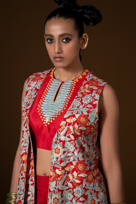 Buy_Pooja Rajgarhia Gupta_Red Silk Embroidery, Sequins Open Neck, Javitri Printed Jacket And Pant Set _Online_at_Aza_Fashions