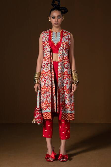 Shop_Pooja Rajgarhia Gupta_Red Silk Embroidery, Sequins Open Neck, Javitri Printed Jacket And Pant Set _Online_at_Aza_Fashions