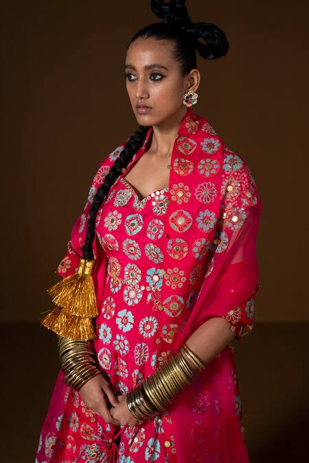 Pooja Rajgarhia Gupta_Fuchsia Organza, Silk Sequins, Anardana Tropical Print Anarkali With Dupatta _Online_at_Aza_Fashions