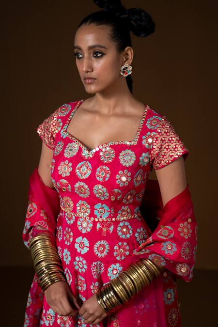 Shop_Pooja Rajgarhia Gupta_Fuchsia Organza, Silk Sequins, Anardana Tropical Print Anarkali With Dupatta _Online_at_Aza_Fashions