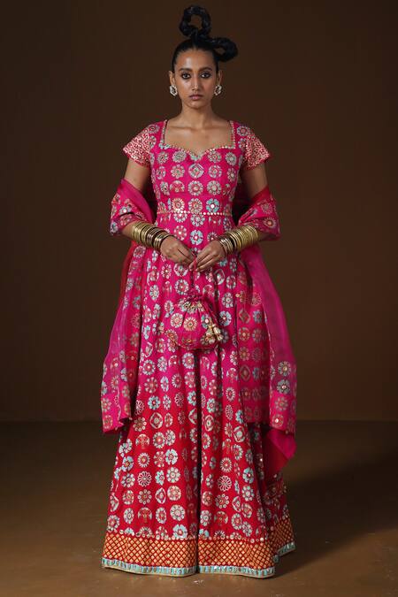 Pooja Rajgarhia Gupta_Fuchsia Organza, Silk Sequins, Anardana Tropical Print Anarkali With Dupatta _at_Aza_Fashions
