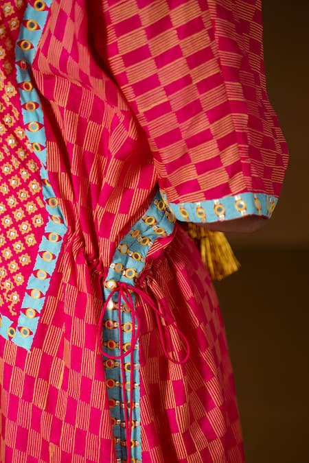 Buy_Pooja Rajgarhia Gupta_Fuchsia Silk Embroidery, Sequins, Mirrors Geometric Printed Kaftan And Pant Set _Online_at_Aza_Fashions
