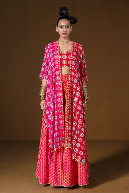Buy_Pooja Rajgarhia Gupta_Fuchsia Georgette, Silk Mirrors, Embroidery Sweetheart Printed Cape Sharara Set _Online_at_Aza_Fashions