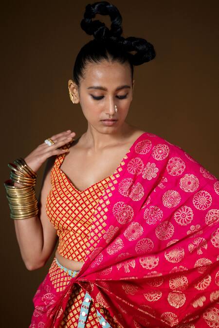 Pooja Rajgarhia Gupta_Fuchsia Lycra, Silk Sequins, Embroidery Chakra Phool Pant Saree With Blouse _Online_at_Aza_Fashions