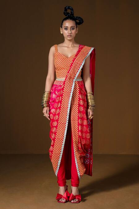 Shop_Pooja Rajgarhia Gupta_Fuchsia Lycra, Silk Sequins, Embroidery Chakra Phool Pant Saree With Blouse _Online_at_Aza_Fashions