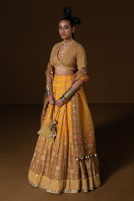 Pooja Rajgarhia Gupta_Yellow Organza, Silk Mirrors, Embroidery V-neck Kasundi Bridal Lehenga Set _Online_at_Aza_Fashions