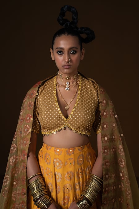 Shop_Pooja Rajgarhia Gupta_Yellow Organza, Silk Mirrors, Embroidery V-neck Kasundi Bridal Lehenga Set _Online_at_Aza_Fashions