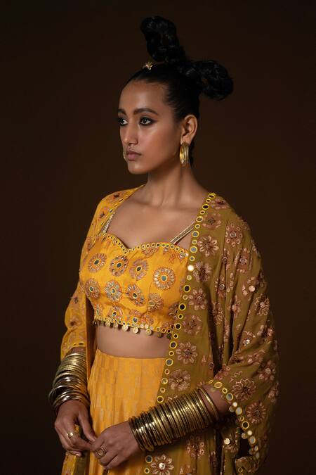 Pooja Rajgarhia Gupta_Yellow Silk, Georgette Embroidery, Mirrors, Sequins Kesar Ombre Cape Lehenga Set _Online_at_Aza_Fashions