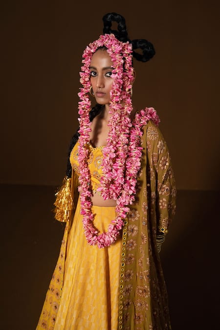Shop_Pooja Rajgarhia Gupta_Yellow Silk, Georgette Embroidery, Mirrors, Sequins Kesar Ombre Cape Lehenga Set _Online_at_Aza_Fashions