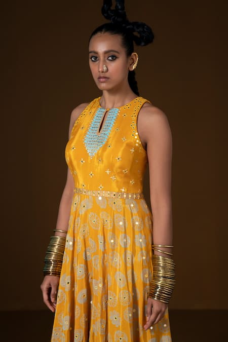 Pooja Rajgarhia Gupta_Green Silk Embroidery, Sequins Round Neck Kesar Wide Legged Jumpsuit _Online_at_Aza_Fashions