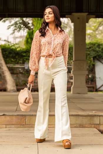 B'Infinite Pink Chiffon Printed Floral Shirt Collar Crop Top With Trousers Set Online at Aza Fashions B'Infinite_Pink Chiffon Printed Floral Shirt Collar Crop Top With Trousers Set_Online_at_Aza_Fashions