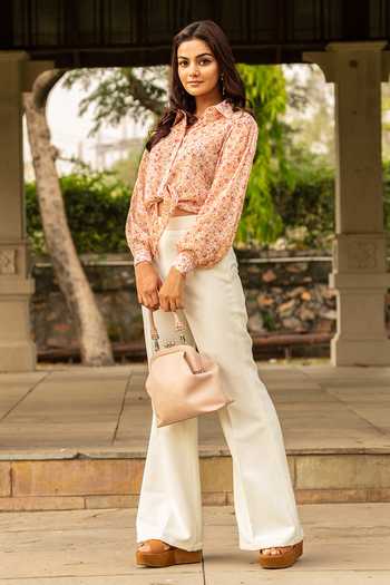 Buy B'Infinite Pink Chiffon Printed Floral Shirt Collar Crop Top With Trousers Set Online at Aza Fashions Buy_B'Infinite_Pink Chiffon Printed Floral Shirt Collar Crop Top With Trousers Set_Online_at_Aza_Fashions
