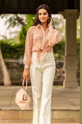 Shop B'Infinite Pink Chiffon Printed Floral Shirt Collar Crop Top With Trousers Set Online at Aza Fashions Shop_B'Infinite_Pink Chiffon Printed Floral Shirt Collar Crop Top With Trousers Set_Online_at_Aza_Fashions