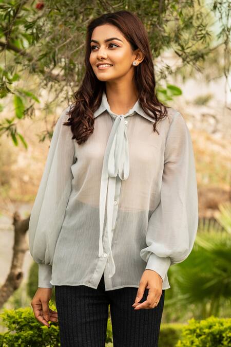 B'Infinite_Blue Chiffon Plain Tie Button Down Shirt_Online_at_Aza_Fashions