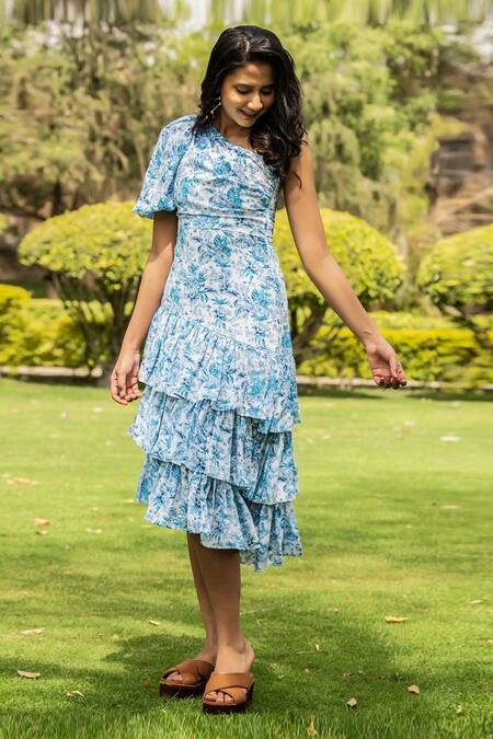 Buy_B'Infinite_Blue Crepe Print Tropical Asymmetric Neck One Shoulder Dress_Online_at_Aza_Fashions