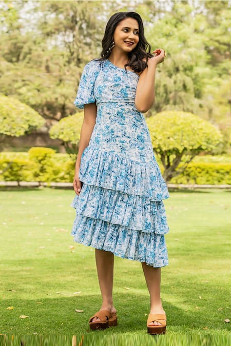 Shop_B'Infinite_Blue Crepe Print Tropical Asymmetric Neck One Shoulder Dress_Online_at_Aza_Fashions