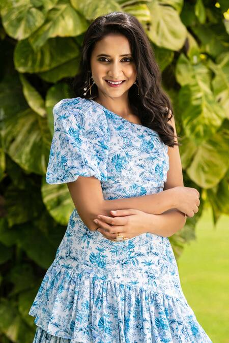 B'Infinite_Blue Crepe Print Tropical Asymmetric Neck One Shoulder Dress_at_Aza_Fashions