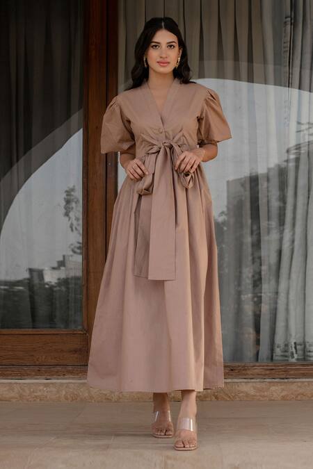 B'Infinite_Brown Cotton V-neck Balloon Sleeve Midi Dress_Online_at_Aza_Fashions