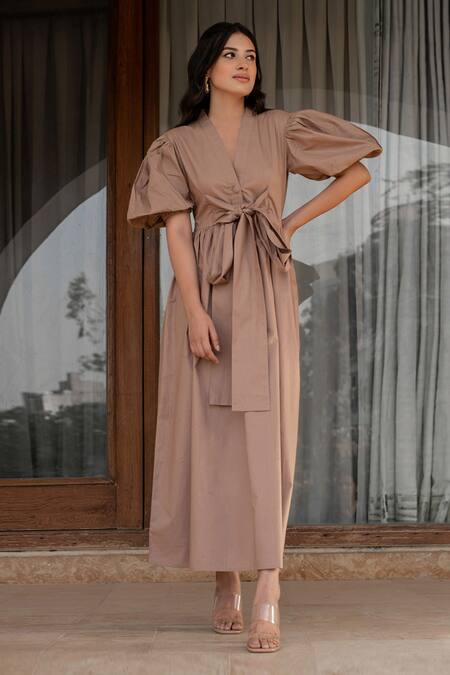 Buy_B'Infinite_Brown Cotton V-neck Balloon Sleeve Midi Dress_Online_at_Aza_Fashions