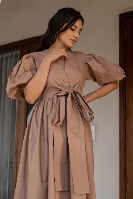 Shop_B'Infinite_Brown Cotton V-neck Balloon Sleeve Midi Dress_Online_at_Aza_Fashions